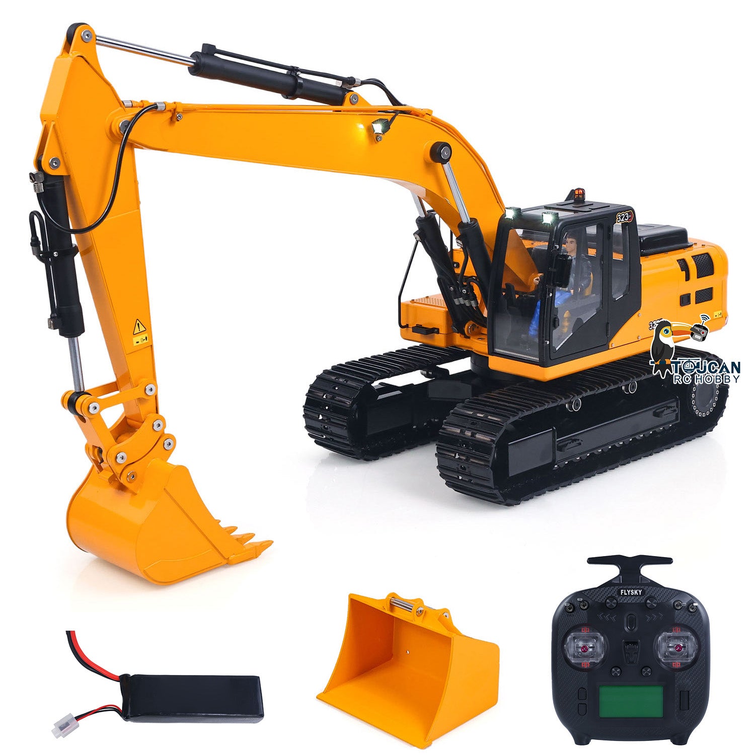 RC CAT 323GX 1/12 hydraulic digger, metal track, manual quick coupler, original bucket & grading bucket, CAT yellow and black spray‑coated finish