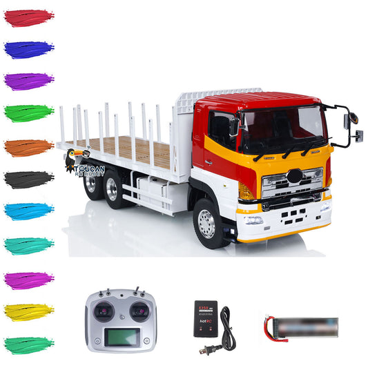 1/14 LS model RC Hino700 6x4 flatbed cage cargo truck with motor ESC servo sound light I6S remote, white red yellow painted