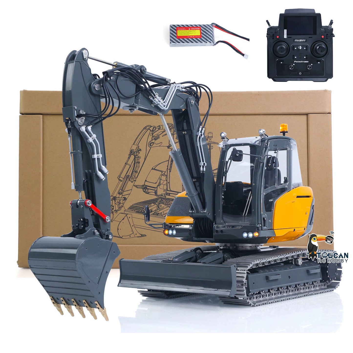 1/14 LS model metal tracked 4-section arm hydraulic excavator MC15, equipped with dual pumps, 9-way valve hydraulic system, motor, ESC, servo, lights, sound module, PL18EVLITE remote control and 3S 2700mAh battery