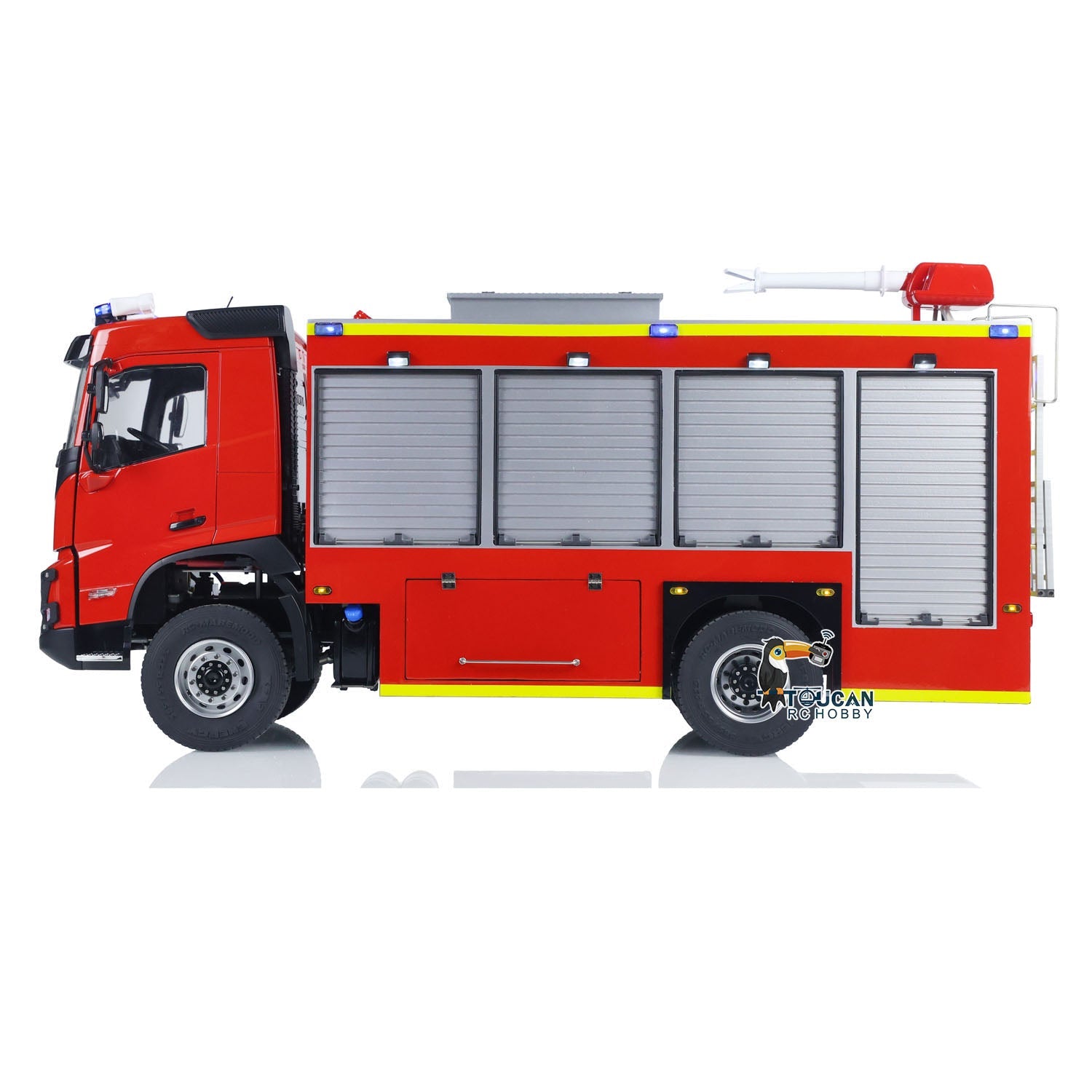 Semi‑metal chassis RC fire truck PS0015 1/14, equipped with motor, ESC, servo, LED lights and sound module
