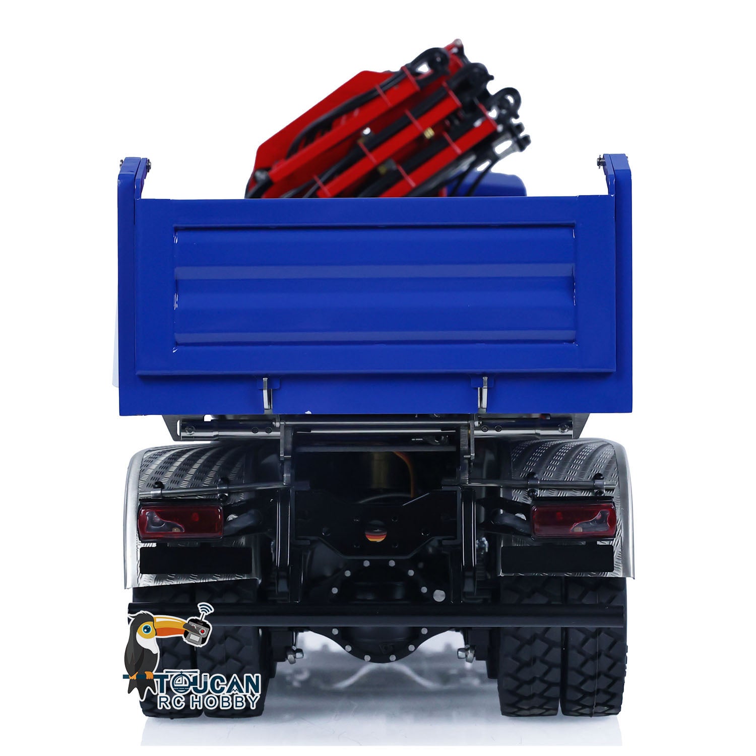 Remote control dump truck chassis crane model equipped with independent light and sound group
