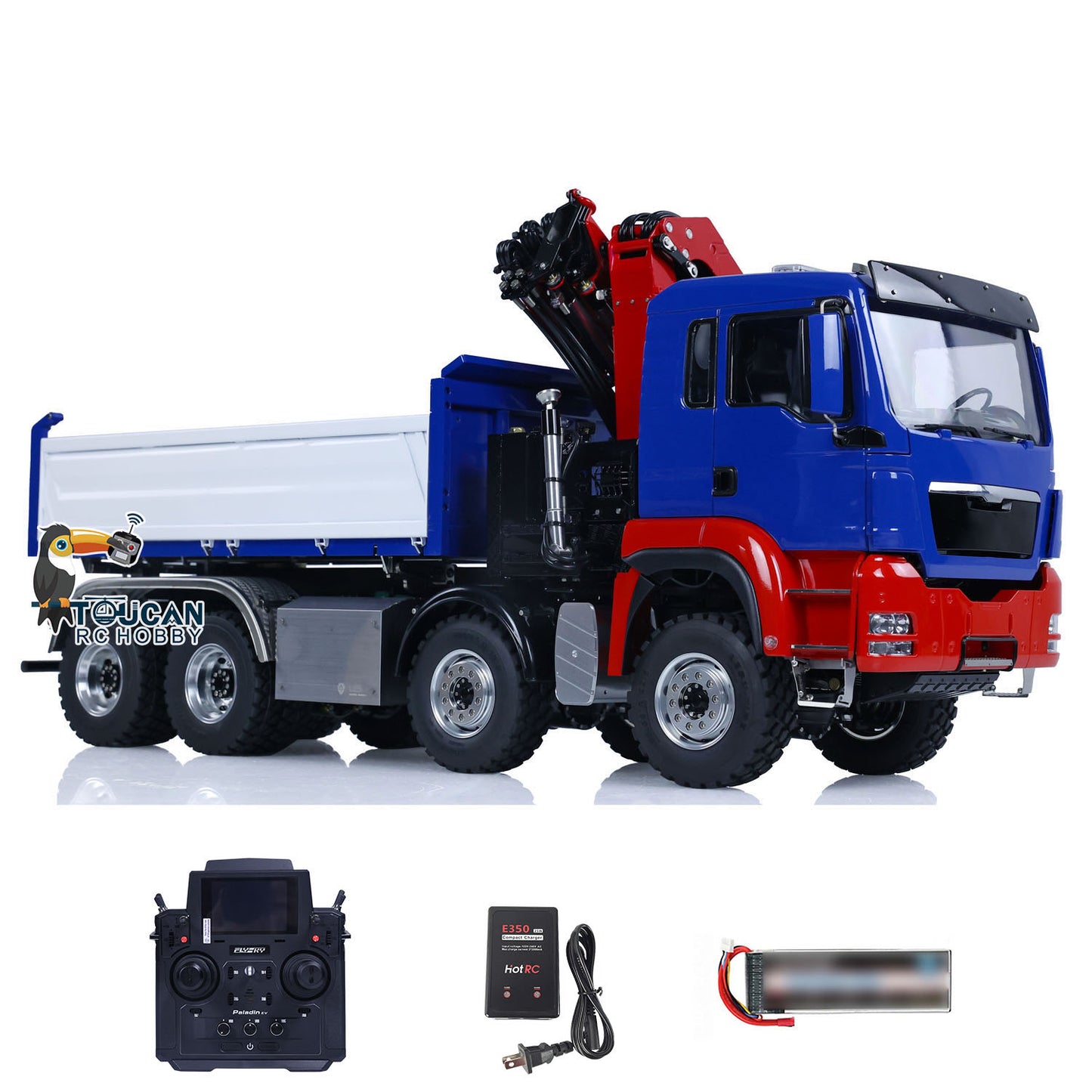 Full set RC 8X8 three way dump truck with strip warning light sound unit chassis crane

