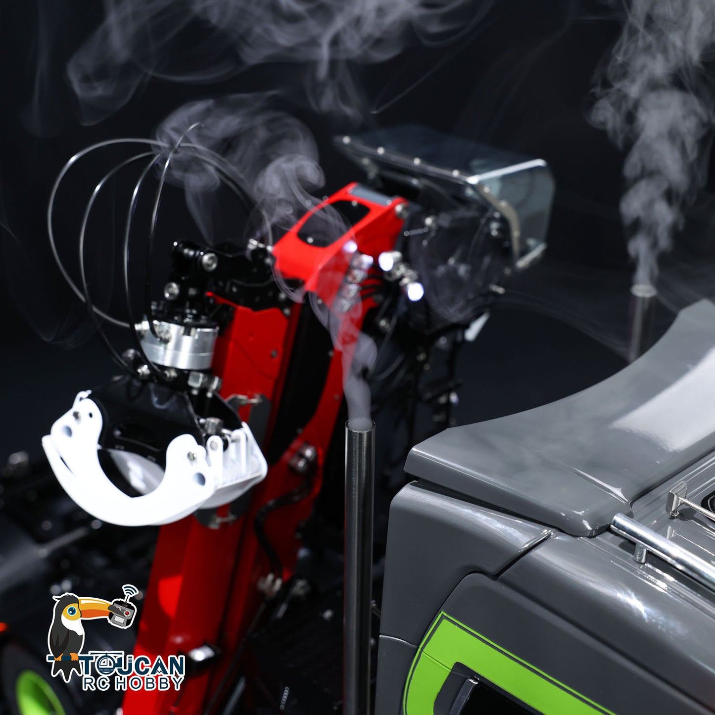 Dark gray 6x6 RC tractor truck installed with multi decorative simulation light kits
