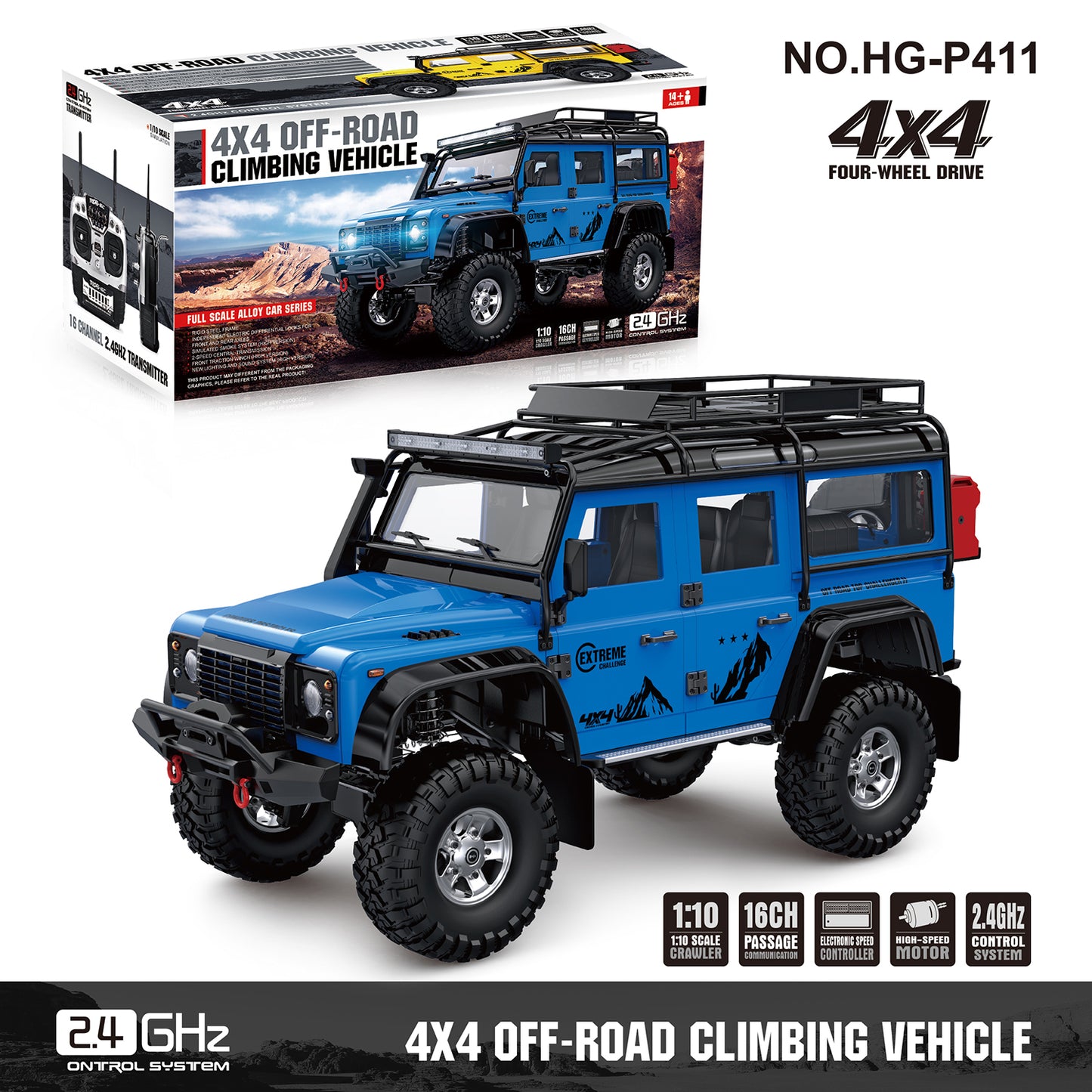 HG 1/10 RC Crawler Car 4x4 Off-road Vehicle P411 Lights Sound Radio System Smoking Motor Outdoor Remote Control Vehicle for Man