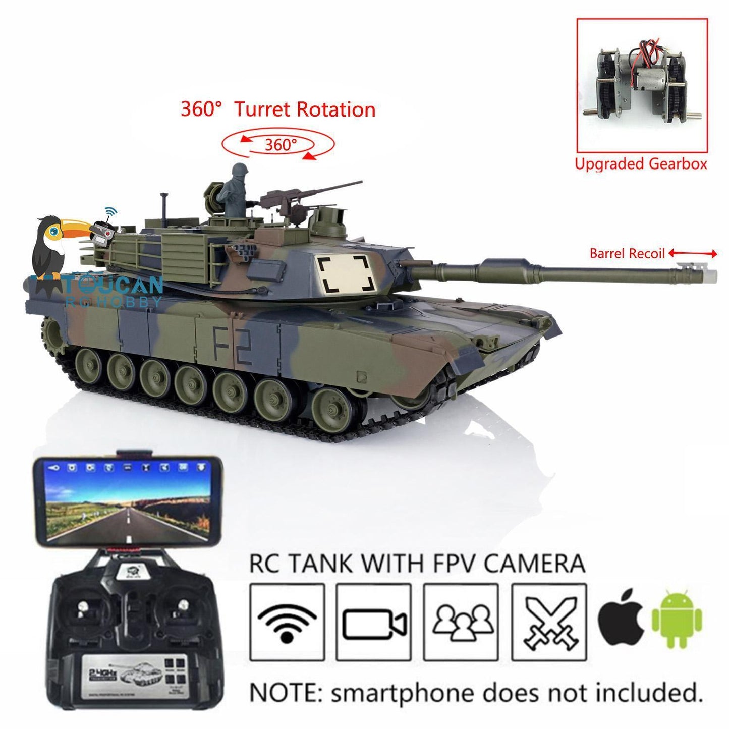 Henglong 1/16 7.0 USA M1A2 Abrams RTR RC Tank Model FPV 3918 Barrel Recoil 360Degrees Turret Steel Gearbox Plastic Chassis