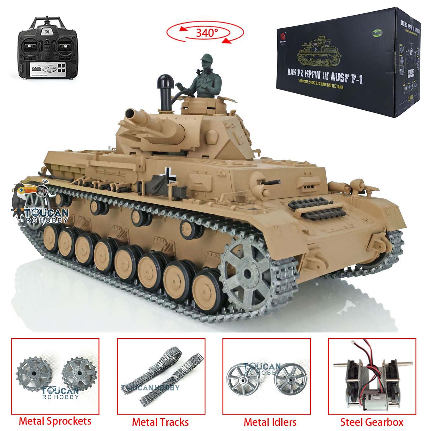 US Stock Henglong 1/16 TK7.0 Receiver Upgraded German Panzer IV F RTR RC Tank 3858 Metal Tracks Remote Control Metal Driving Gearbox