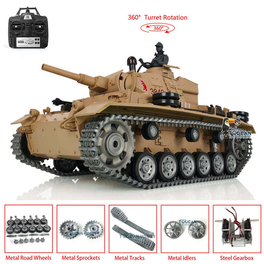 US Stock Henglong 1:16 7.0 2.4Ghz German Panzer III H RC Tank 3849 RTR Model Metal Wheels 360 Degree grees Turret Steel Driving Gearbox