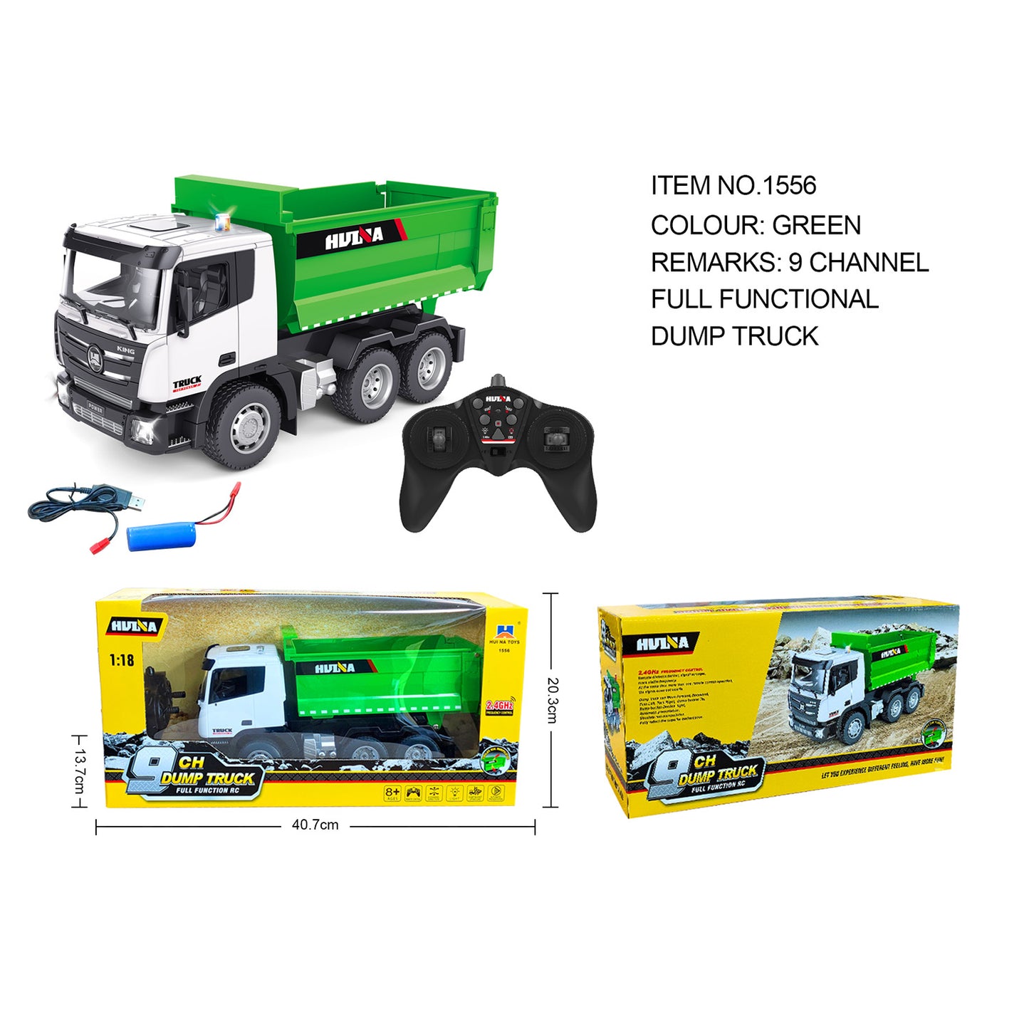 HUINA 1/18 RC Dumper Tipper Truck 1556 Toy 2.4G 9 Channels Radio Controlled Car 500MAH Battery W/ Simulated Light Kids Gift