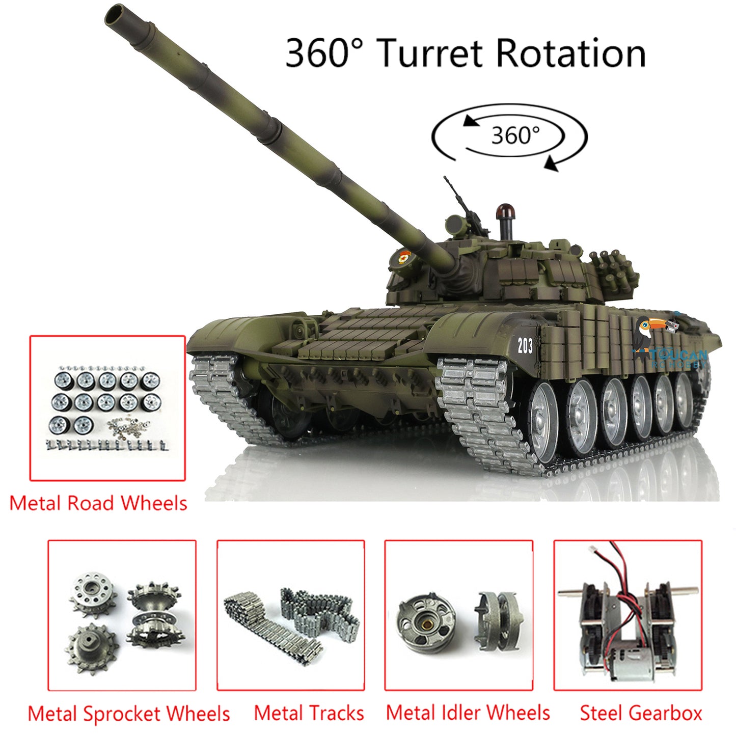 Customized Edition Henglong Radio Control T72 RC Battle Tank 1/16 RTR TK7.0 Receiver 3939 Armor Metal Tracks Road Wheels Tracks