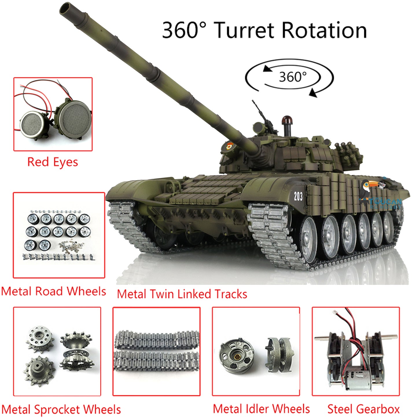 Heng Long Russia T72 RC Tank 3939 360 Turret 1:16 TK7.0 Metal Tracks Linkages Red Eyes Smoke Unit Infrared Combating System
