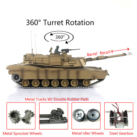 Henglong 7.0 1/16 Scale Abrams M1A2 RTR RC Tank Model 3918 360Degrees Turret Metal Tracks Rubber Pads Barrel Recoil Steel Gearbox