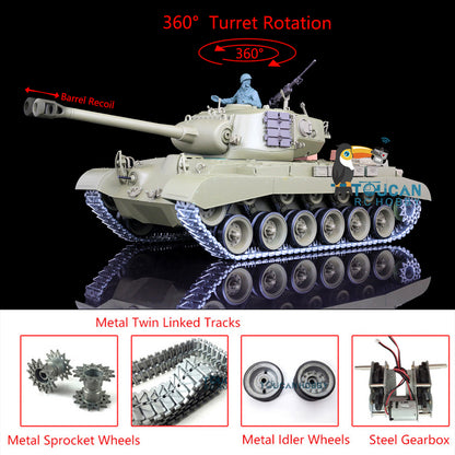 Henglong 1/16 7.0 Upgraded RC Tank 3838 USA M26 W/ Barrel Recoil 360Degrees Rotating Turret Metal Tracks w/ Double Rubber Pad Smoking