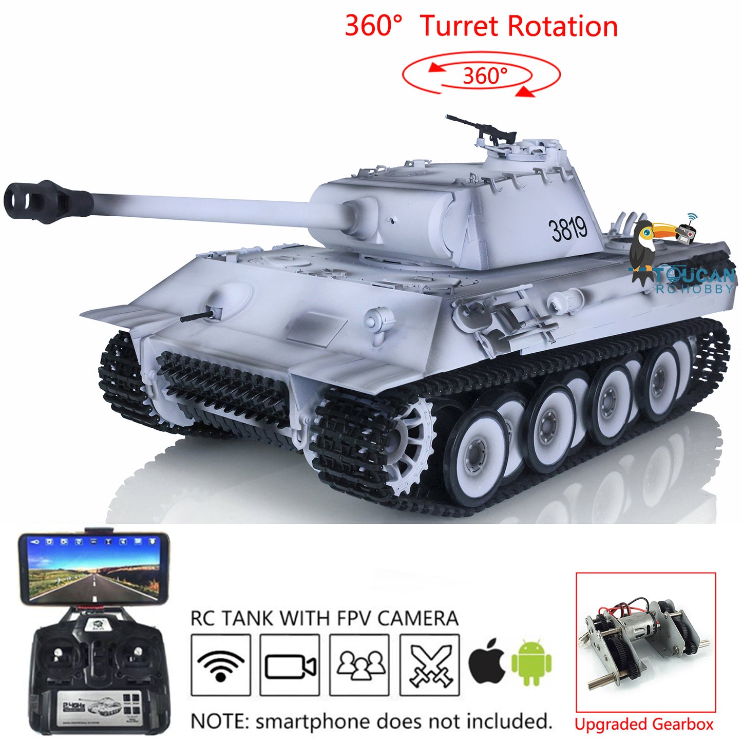 1/16 Scale Henglong 7.0 Plastic RC Tank German Panther 3819 w/ 360Degrees Rotating Turret FPV Steel Gearbox Engine Sound Smoking