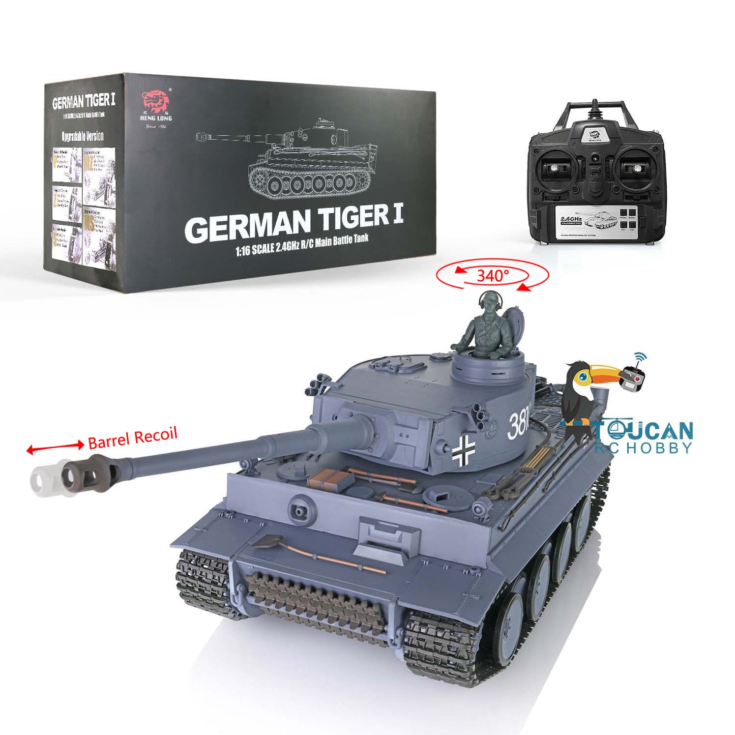 2.4Ghz Henglong 1/16 Plastic German Tiger I Radio Control Tank 3818 7.0 RTR RC Tank BB Shooting Smoking Sound Effect Recoil Barrel