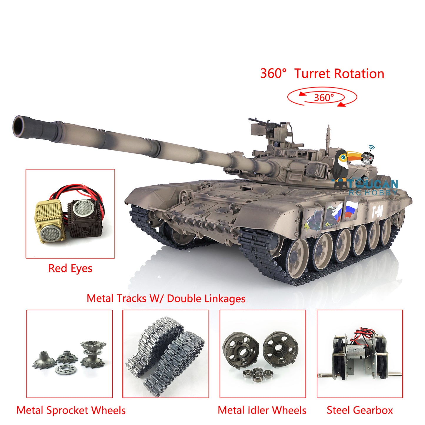 Henglong 2.4Ghz 1:16 7.0 Russian T90 RTR RC Tank 3938 Model W/ 360Degrees Turret Red Eyes Metal Tracks Linkages Idlers Sprockets