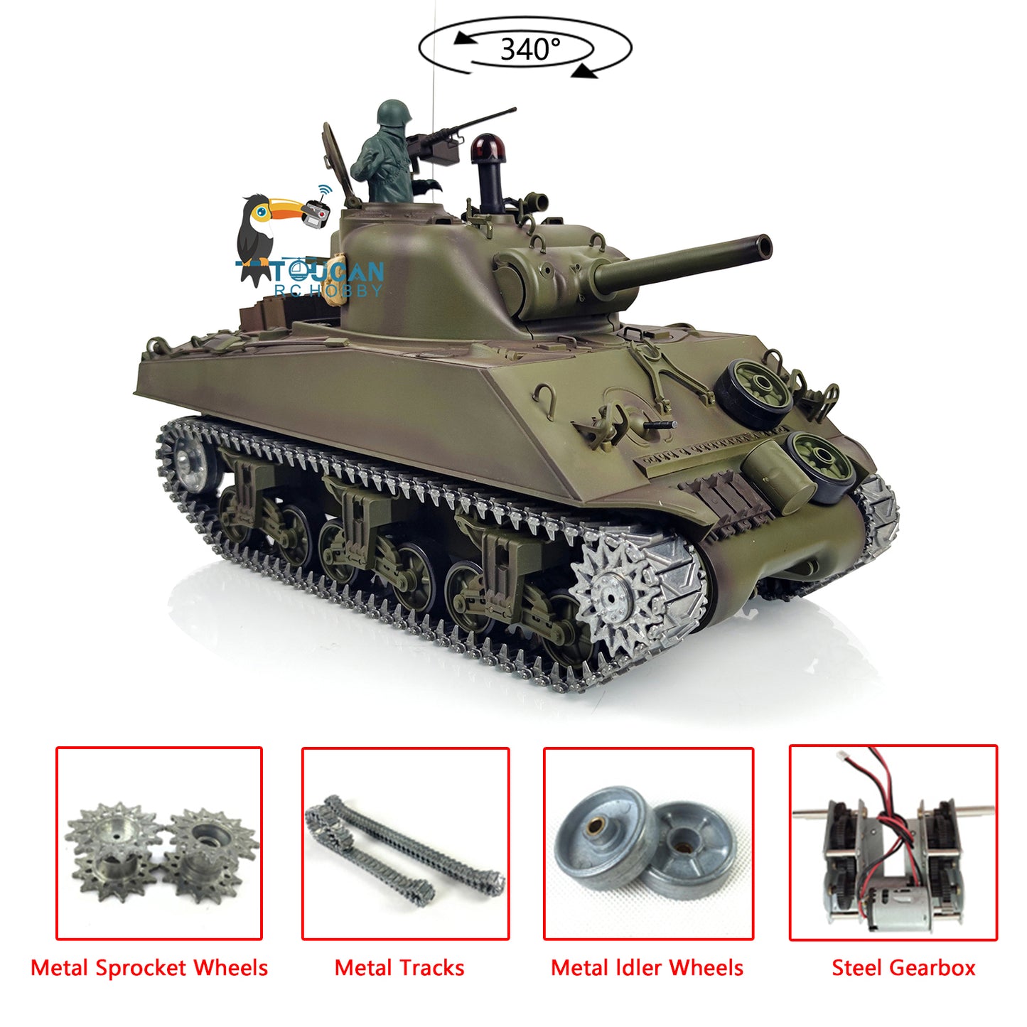 US STOCK Henglong 1/16 Scale 7.0 Upgraded USA M4A3 Sherman RTR RC Tank 3898 Metal Tracks 340 Degree Turret 2.4Ghz Model