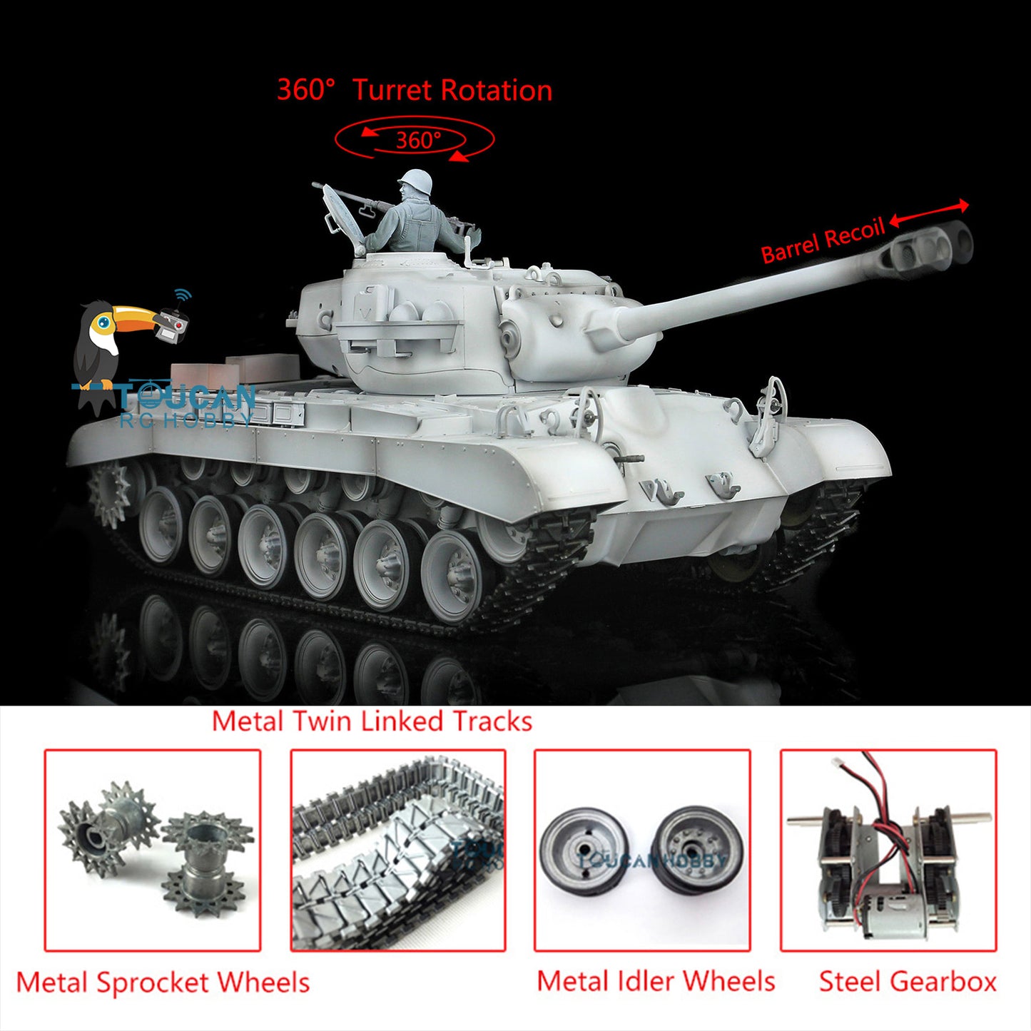 Henglong 1/16 7.0 Upgraded RC Tank 3838 USA M26 W/ Barrel Recoil 360Degrees Rotating Turret Metal Tracks w/ Double Rubber Pad Smoking