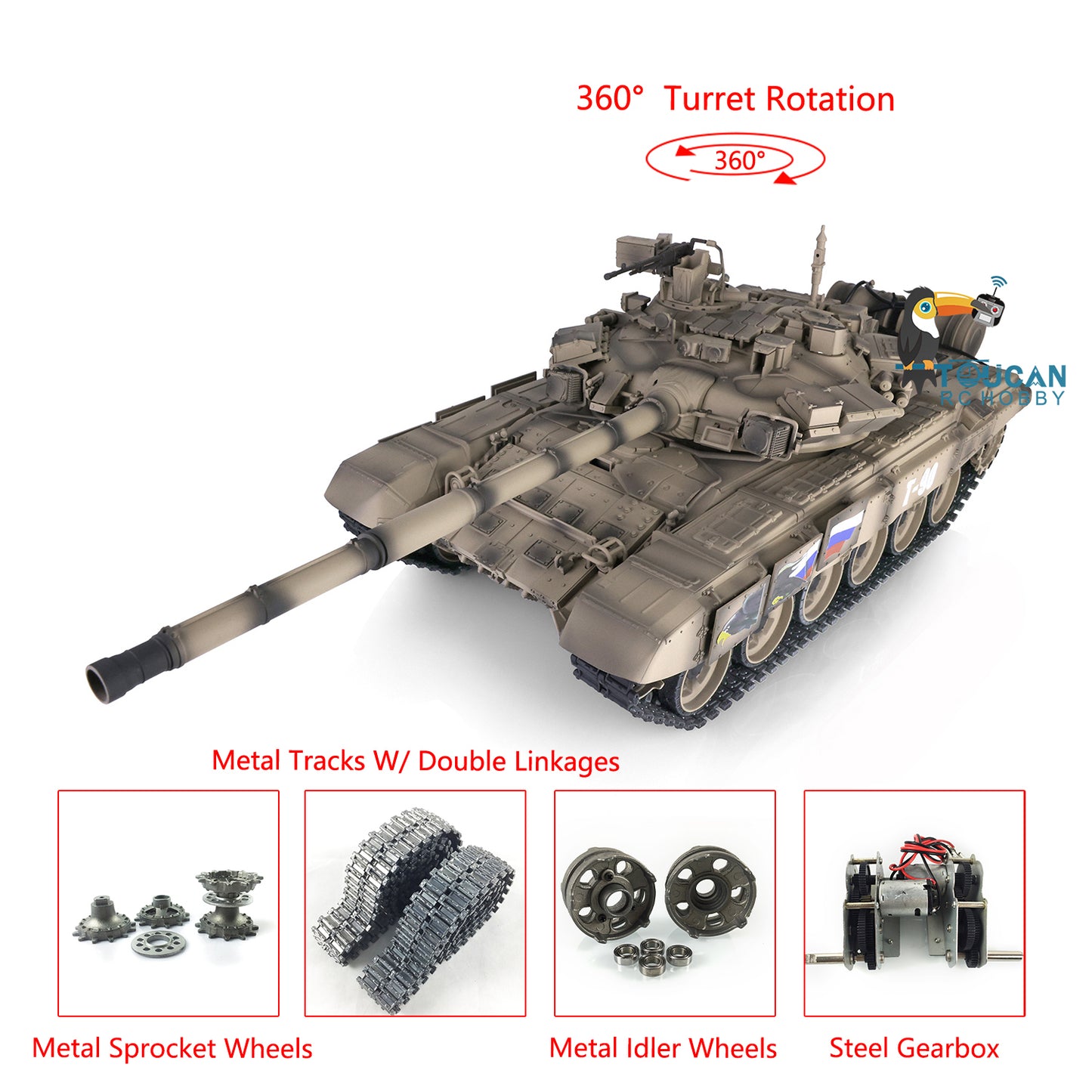 Henglong 7.0 Upgraded Russian T90 RTR 1:16 RC Tank Model 3938 W/ 360Degrees Turret Metal Tracks Linkages Idlers Sprockets