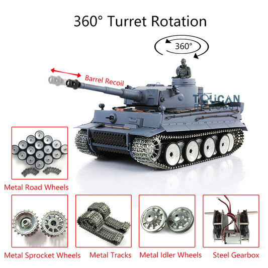 Henglong 1/16 Tiger I RC Tank 3818 7.0 w/ 360Degrees Rotating Turret Metal Idler Sproket Road Wheels Barrel Recoil Smoking Gearbox