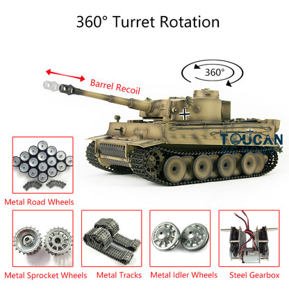 Henglong 1/16 Tiger I RC Tank 3818 7.0 w/ 360Degrees Rotating Turret Metal Idler Sproket Road Wheels Barrel Recoil Smoking Gearbox