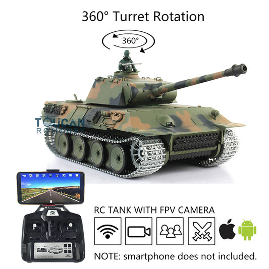 Henglong 1/16 7.0 Upgraded German Panther RTR RC Tank 3819 w/ FPV 360Degrees Rotating Turret Steel Gearbox Metal Tracks Engine Sound