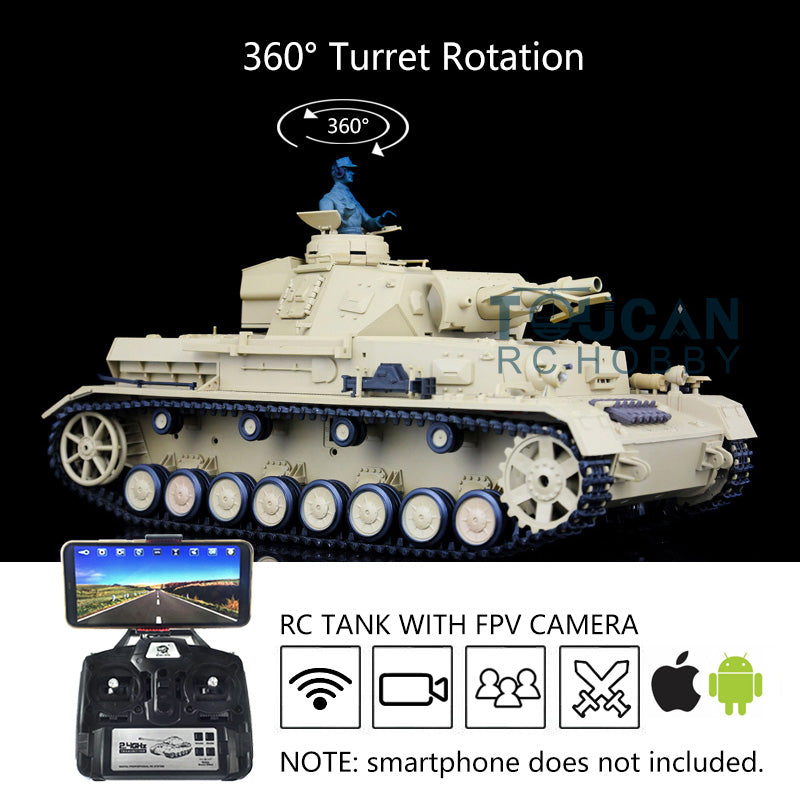 2.4G Henglong 1/16 7.0 RC Tank Panzer IV F Remote Control Tank 3858 w/ 360Degrees Rotating Turret Steel Gearbox FPV Camera BB Shooting