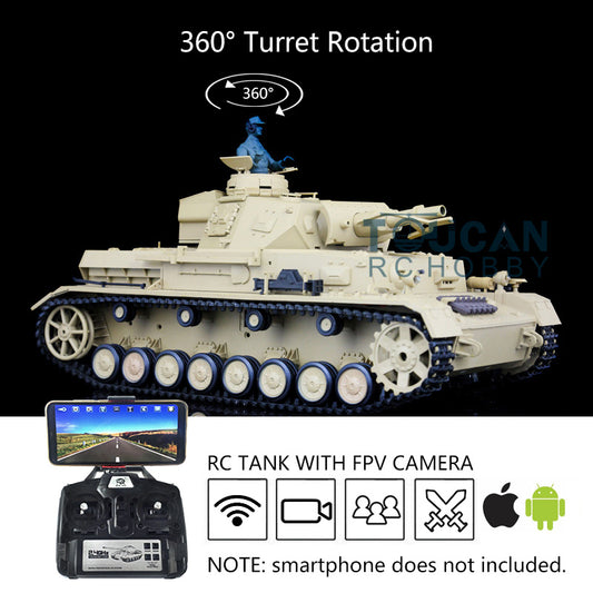 2.4G Henglong 1/16 7.0 RC Tank Panzer IV F Remote Control Tank 3858 w/ 360Degrees Rotating Turret Steel Gearbox FPV Camera BB Shooting