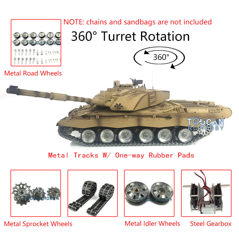 Henglong 1/16 Scale 7.0 British Challenger II RC Tank Model 3908 RTR 360Degrees Turret Motor Gearbox Metal Tracks W/ Rubber Pads Wheels