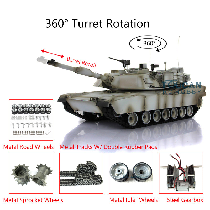 1/16 7.0 Henglong Abrams M1A2 RTR RC Tank 3918 360Degrees Turret Barrel Recoil Metal Tracks Wheels Rubber Pads Model
