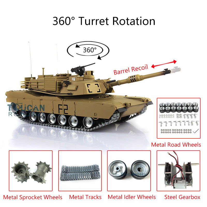1:16 Scale Henglong 7.0 Customized Abrams M1A2 RC Tank RTR Model 3918 360Degrees Turret Barrel Recoil Metal Tracks Driving Wheels