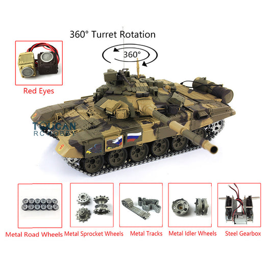 Henglong 2.4Ghz Russian T90 1/16 7.0 RTR RC Tank Model 3938 Red Eyes 360Degrees Turret Metal Tracks Idlers Sprockets Road Wheels