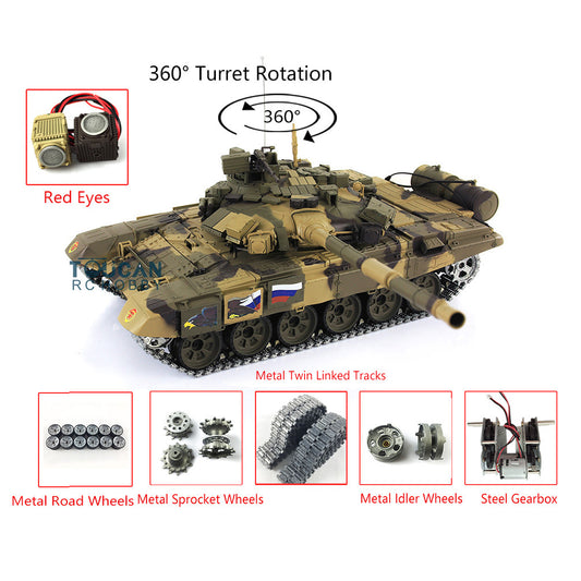 Henglong 1:16 Scale 7.0 Russian T90 RTR RC Tank Model 3938 360Degrees Turret Red Eyes Metal Tracks W/ Linkages Wheels Smoke Gearbox