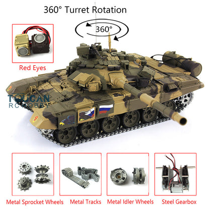 2.4Ghz Henglong 1/16 7.0 Russian T90 RTR RC Tank Model 3938 W/ 360Degrees Turret Red Eyes Steel Gearbox Metal Tracks