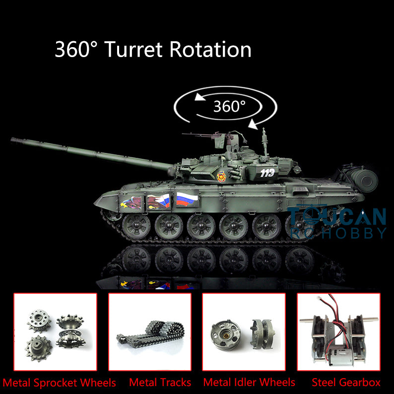 Henglong Russian T90 1/16 7.0 RTR RC Tank Model 3938 W/ 360Degrees Turret BB Shooting Unit IR Smoke Gearbox Radio Controller