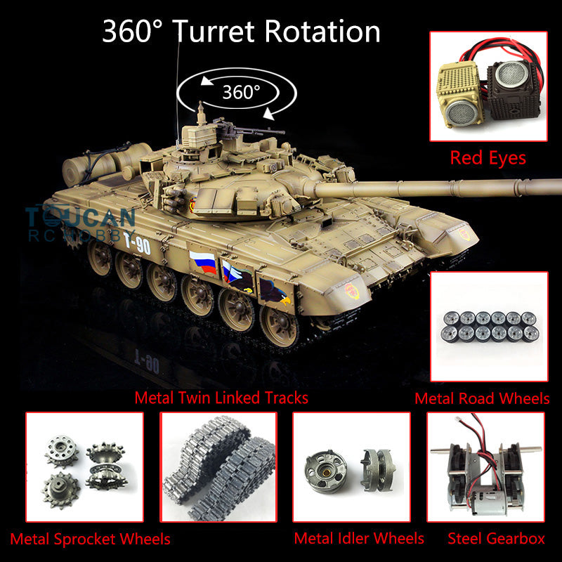 Henglong 1:16 Scale 7.0 Russian T90 RTR RC Tank Model 3938 360Degrees Turret Red Eyes Metal Tracks W/ Linkages Wheels Smoke Gearbox