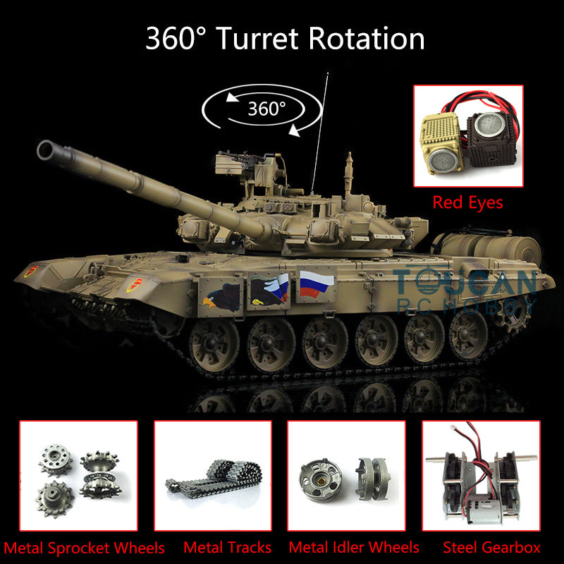 2.4Ghz Henglong 1/16 7.0 Russian T90 RTR RC Tank Model 3938 W/ 360Degrees Turret Red Eyes Steel Gearbox Metal Tracks