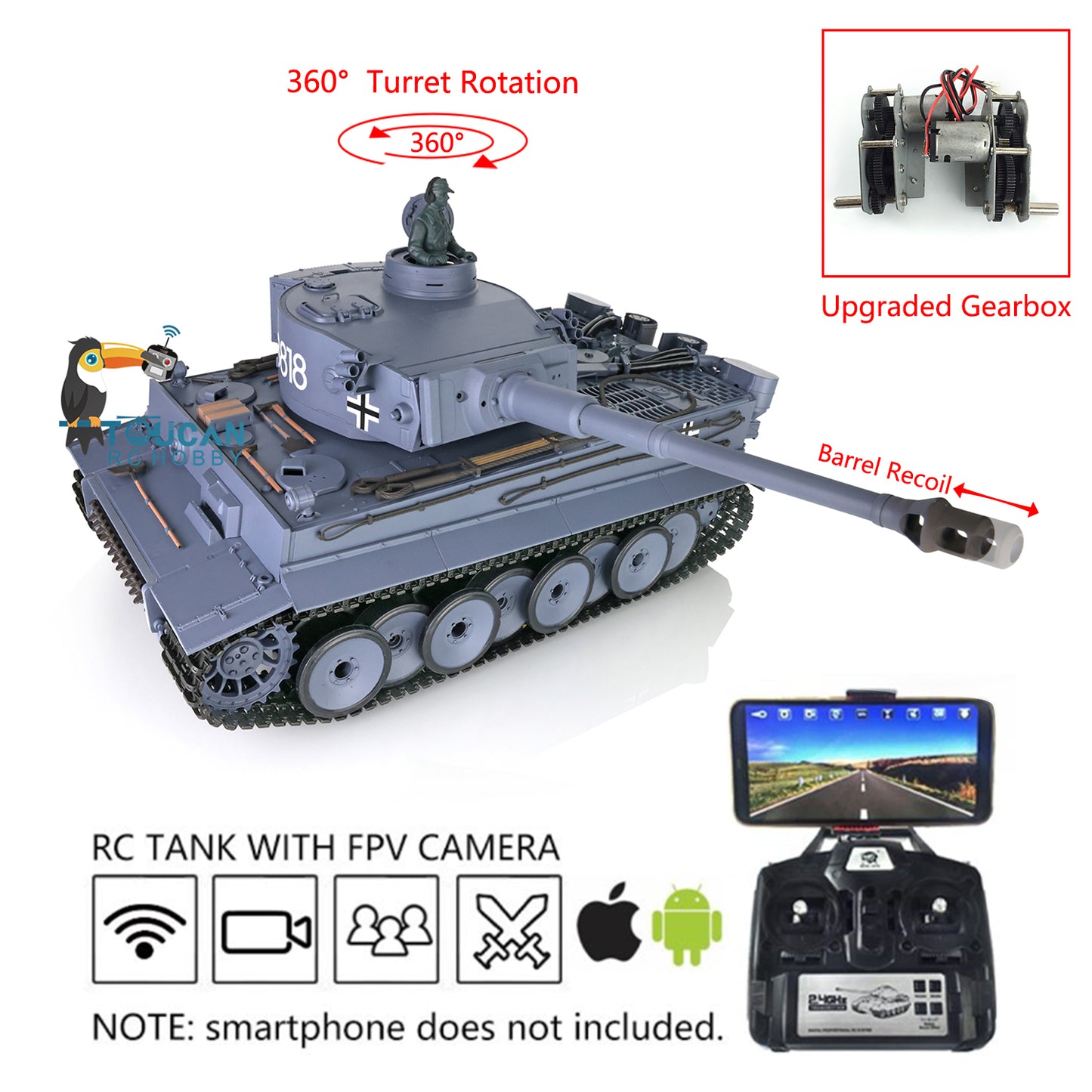 Henglong 1/16 7.0 Plastic Tiger I RC Tank 3818 w/ 360Degrees Rotating Turret Barrel Recoil FPV Phone Holder Steel Gearbox Engine Sound
