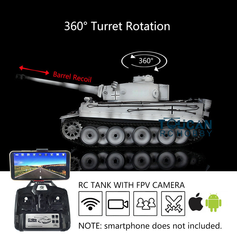 Henglong 1/16 7.0 Plastic Tiger I RC Tank 3818 w/ 360Degrees Rotating Turret Barrel Recoil FPV Phone Holder Steel Gearbox Engine Sound