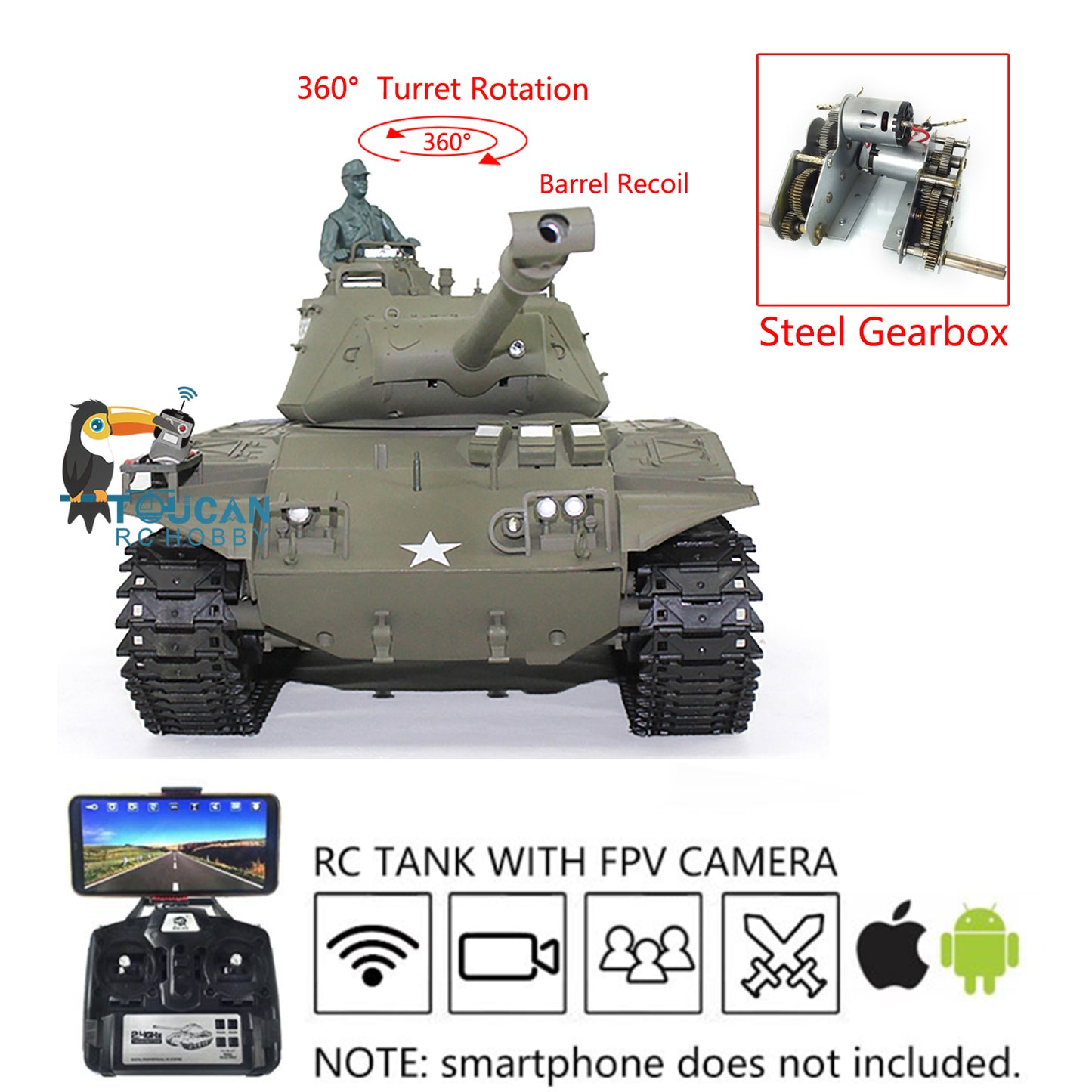 Henglong 1/16 RC Tank Plastic Walker Bulldog 3839 Radio Control Tank w/ 360Degrees Rotating Turret Steel Gearbox FPV Barrel Recoil