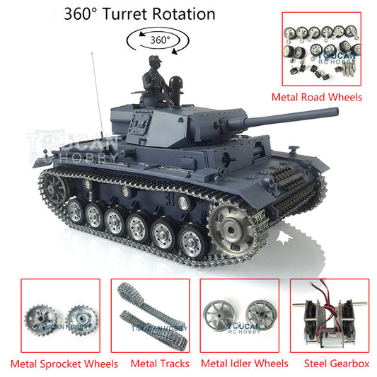 US STOCK Henglong 1/16 7.0 Customized German Panzer III L RTR RC Tank 3848 Metal Tracks Wheels 360 Degree grees Turret Battery Transmitter