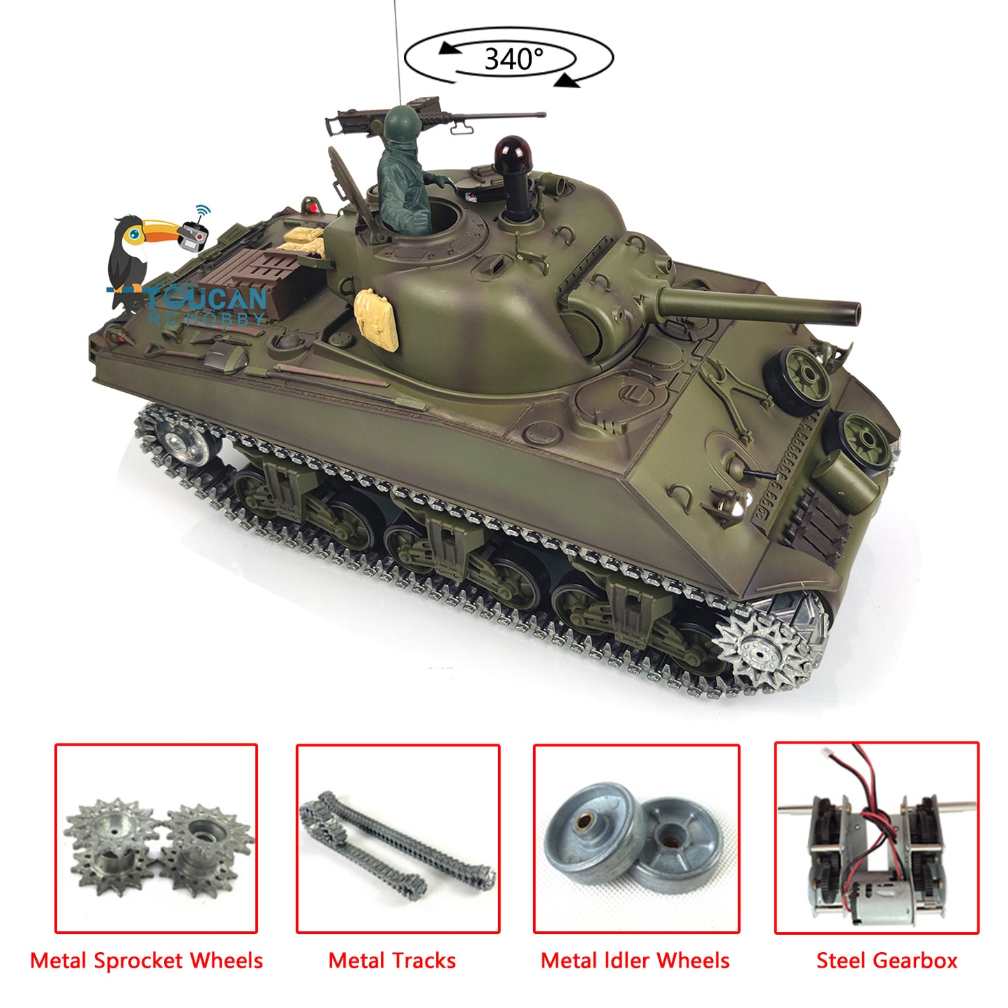 2.4G Henglong 1/16 Scale 7.0 Upgraded M4A3 Sherman RTR Radio Control Tank 3898 Metal Tracks Engine Sound BB Shooting Gearbox
