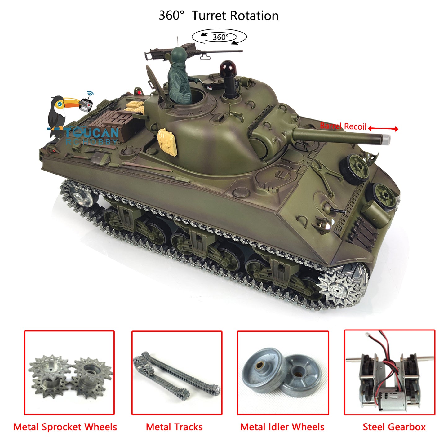 Henglong 1/16 7.0 Upgraded M4A3 Sherman Radio Control Tank 3898 Barrel Recoil 360Degrees Rotating Turret BB Shooting Sound Effect