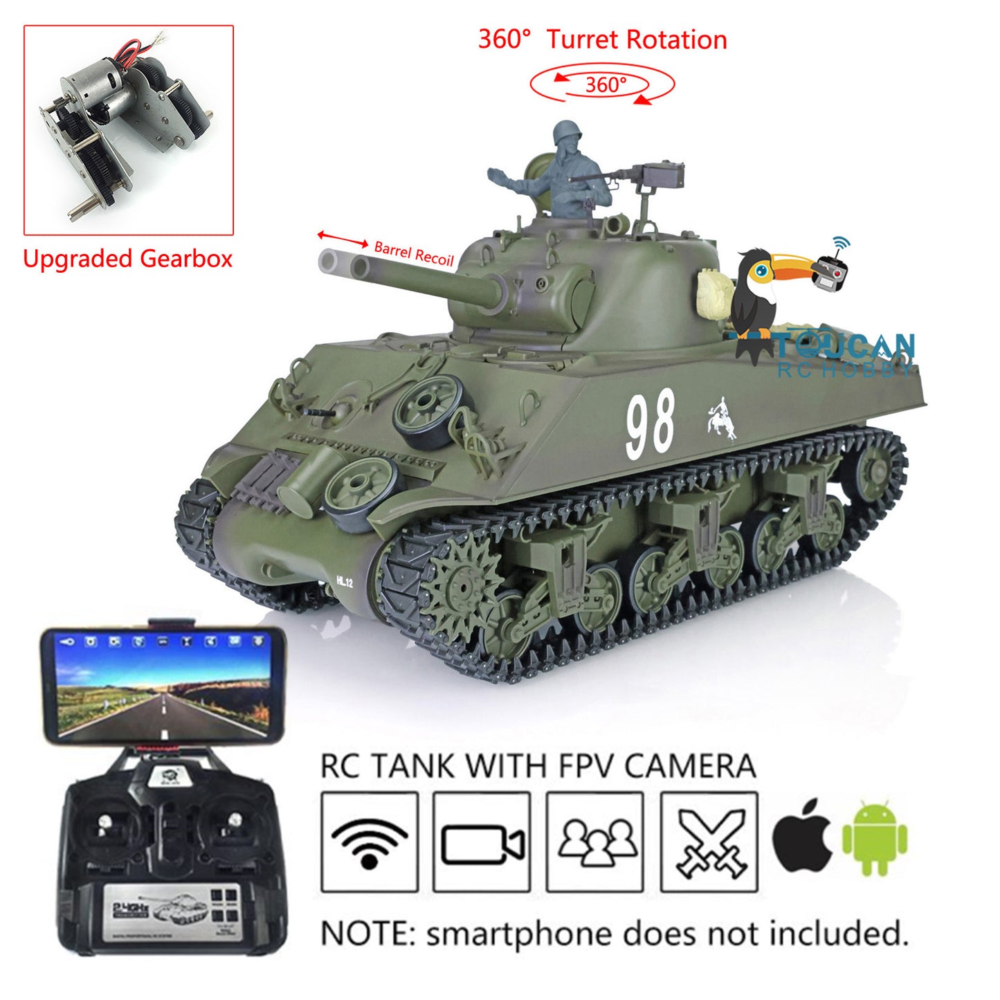 Henglong 1/16 7.0 Plastic M4A3 Sherman RC Tank 3898 w/ 360Degrees Rotating Turret FPV Barrel Recoil Steel Gearbox Smoking Gift for Boys