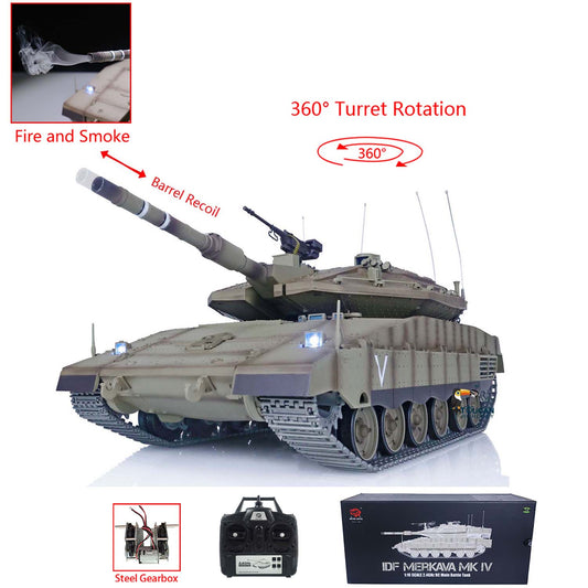 Heng Long RC Tanks 1/16 IDF Merkava MK IV Open Fire Smoking 360 Turret Rotary Barrel Recoil W/ Metal Tracks Model