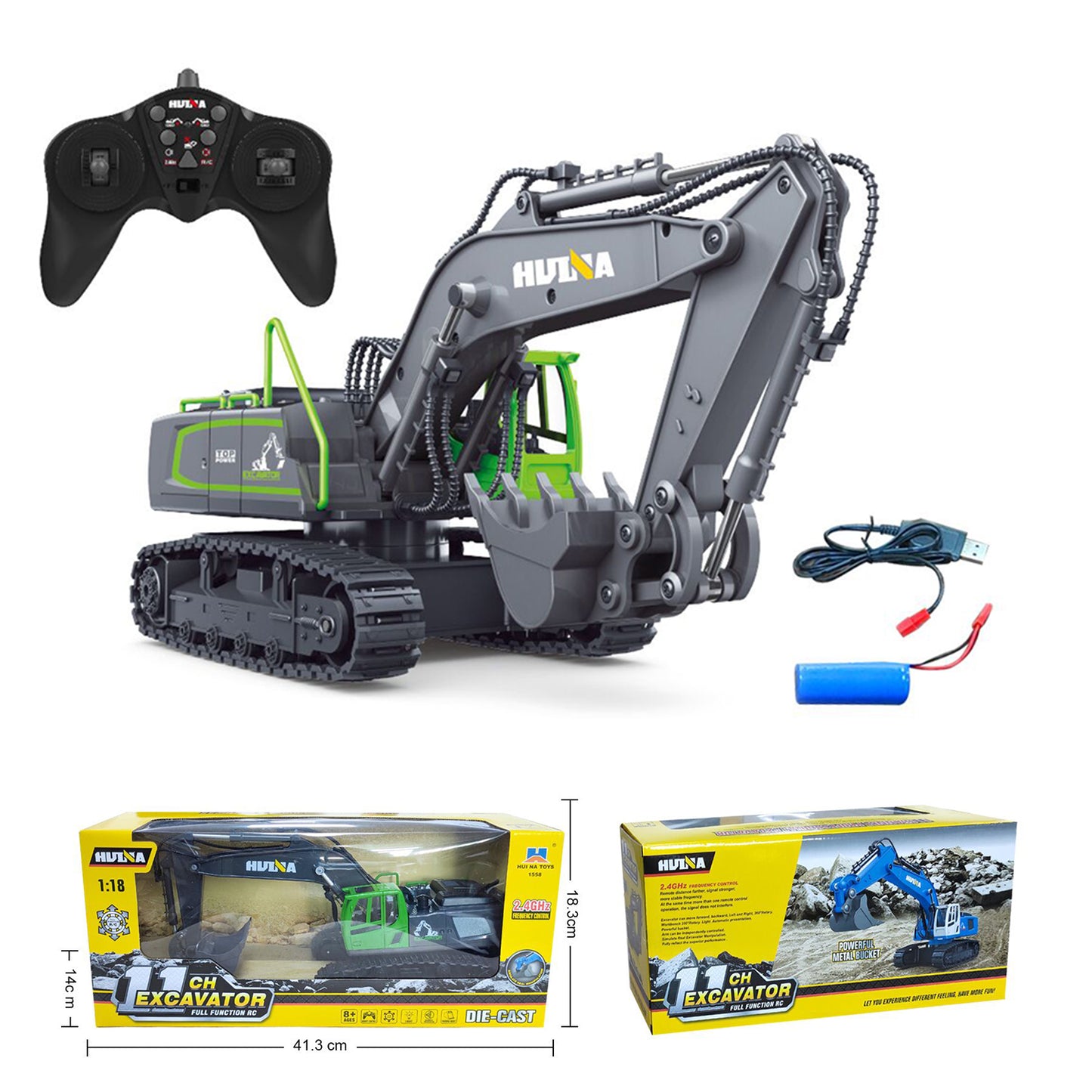 HUINA 1/18 RC Excavator 1558 Ready To Run Model Toy Car Digger Remote Control Battery 360Degrees Rotary Light 400MAH Battery Tracks