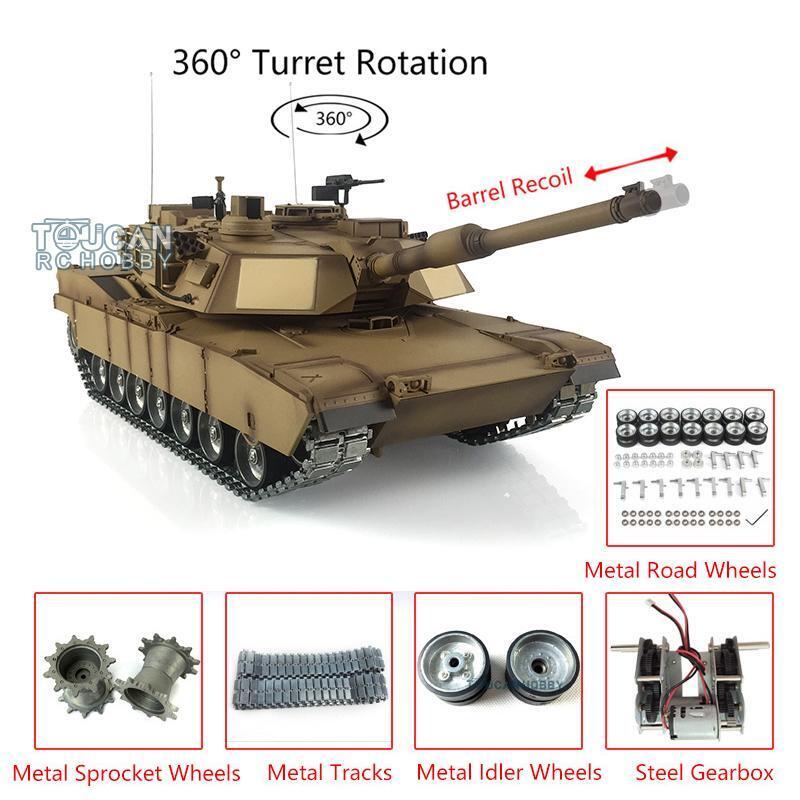 US STOCK Henglong RTR 1/16 Scale 7.0 Customized Abrams RC Tank 3918 360 Degree grees Turret Barrel Recoil Metal Tracks Idlers Sprockets