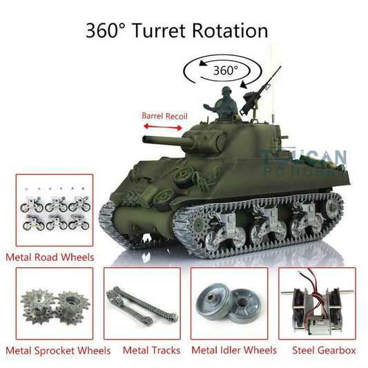 US Stock Henglong 1/16 7.0 M4A3 Sherman RC Tank 3898 Barrel Recoil 360 Degree grees Turret Metal Tracks Idlers Sprockets Road Wheels